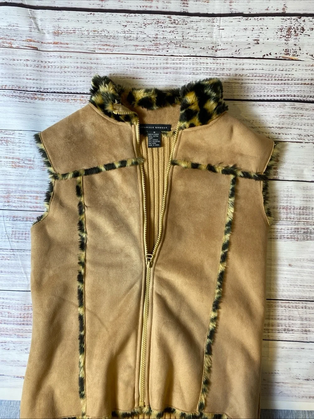 Faux Suede Tan Vest with Leopard Trim Juniors Sz-M